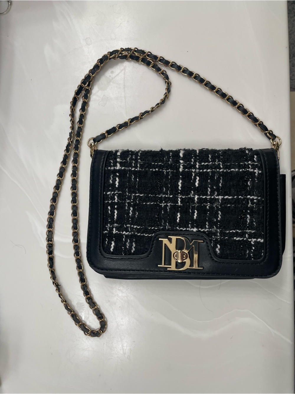 Badgley Mischka Black Tweed & Gold Chain Crossbody Bag